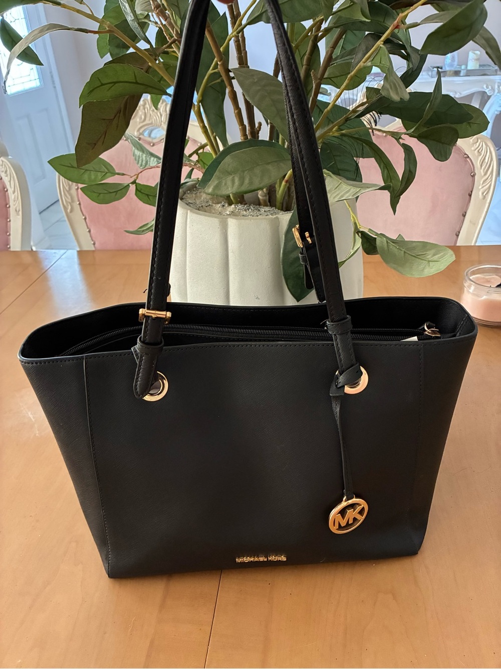 Michael Kors Black Leather Tote with Gold Accents